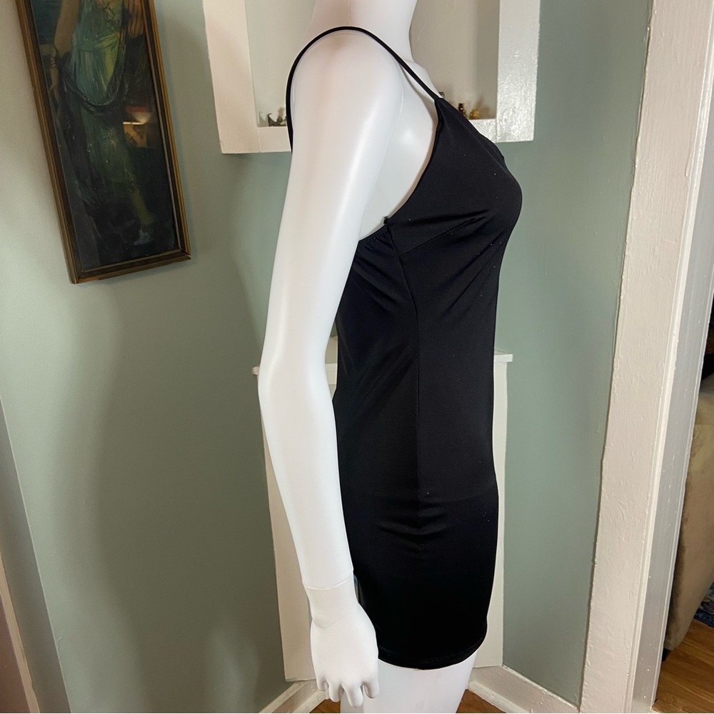 Windsor Glitter Micro Mini Dress Plunging Deep V Little Black Bodycon Medium M - Picture 7 of 12